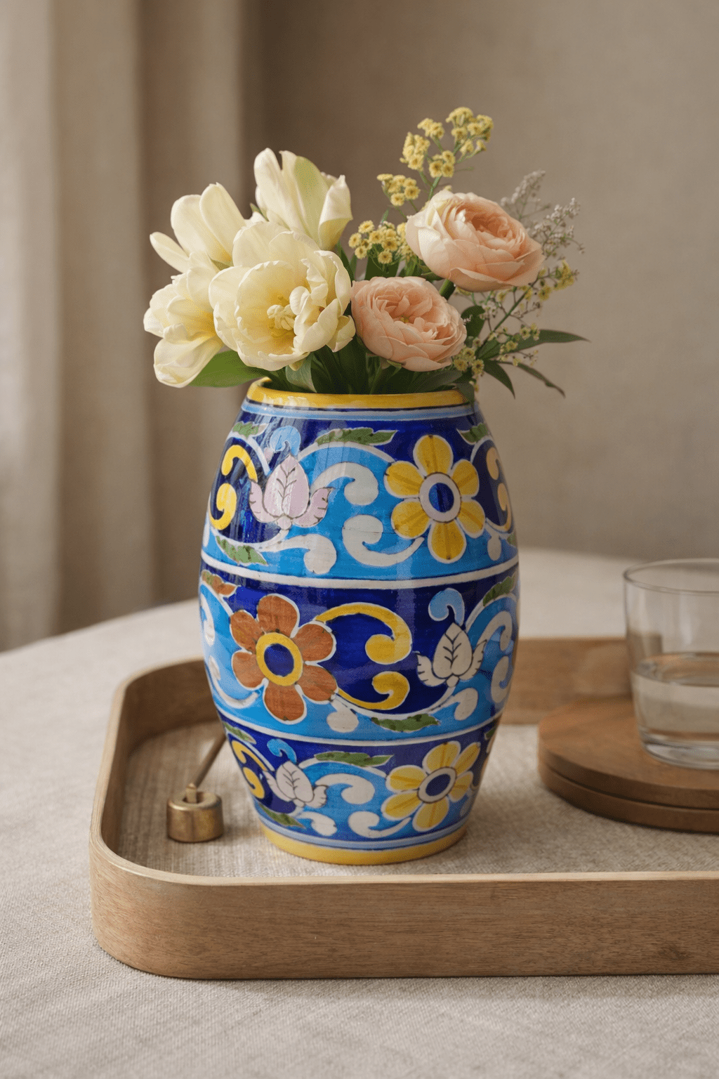 Handcrafted Blue Pottery Daisy Vase — Jaipur Hand - Painted - Che Cose Belle