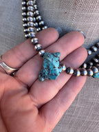 Handcrafted Chunky Kingman Turquoise And Sterling Silver 6mm Beaded Necklace 16" - Che Cose Belle