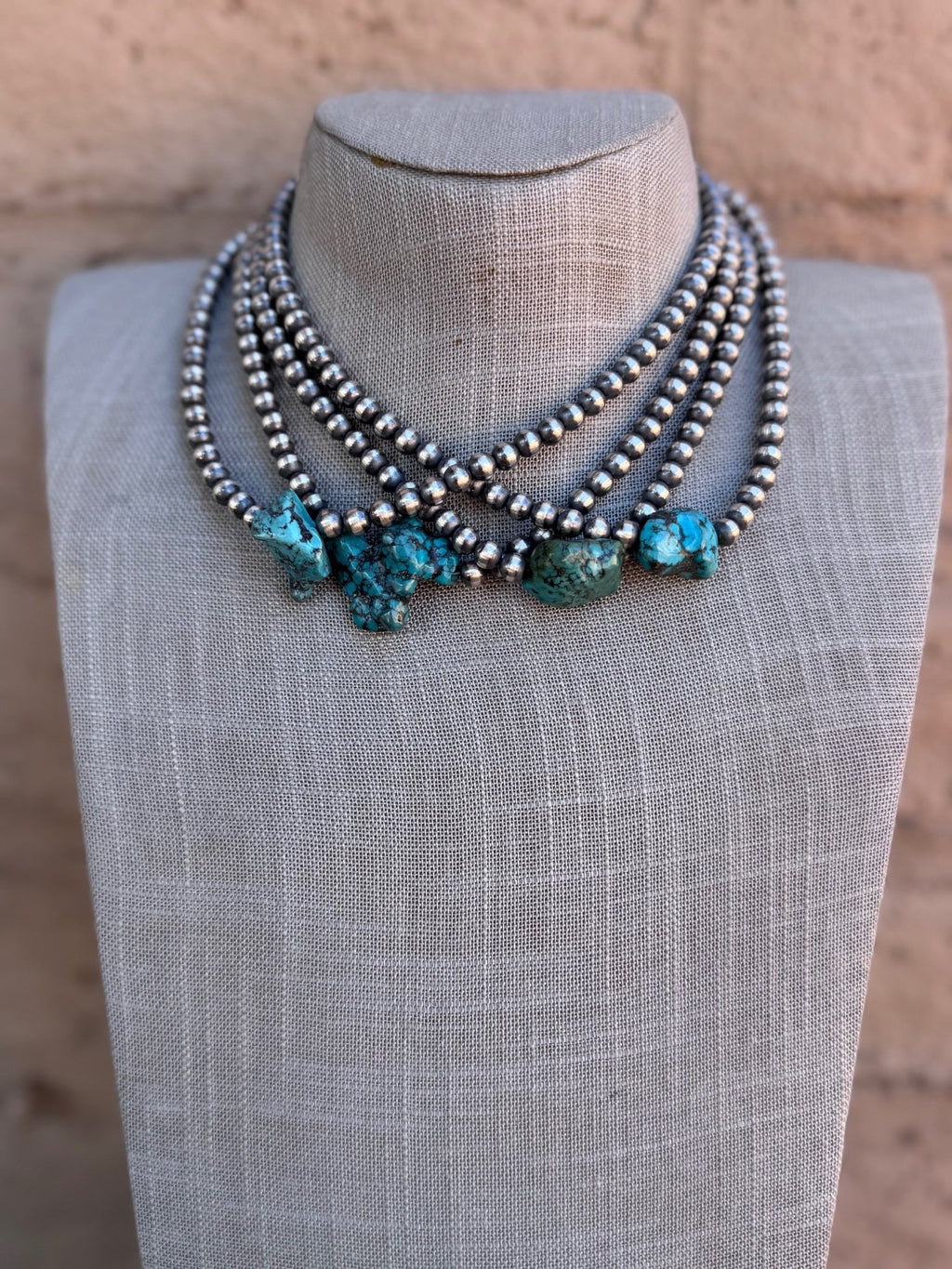 Handcrafted Chunky Kingman Turquoise And Sterling Silver 6mm Beaded Necklace 16" - Che Cose Belle