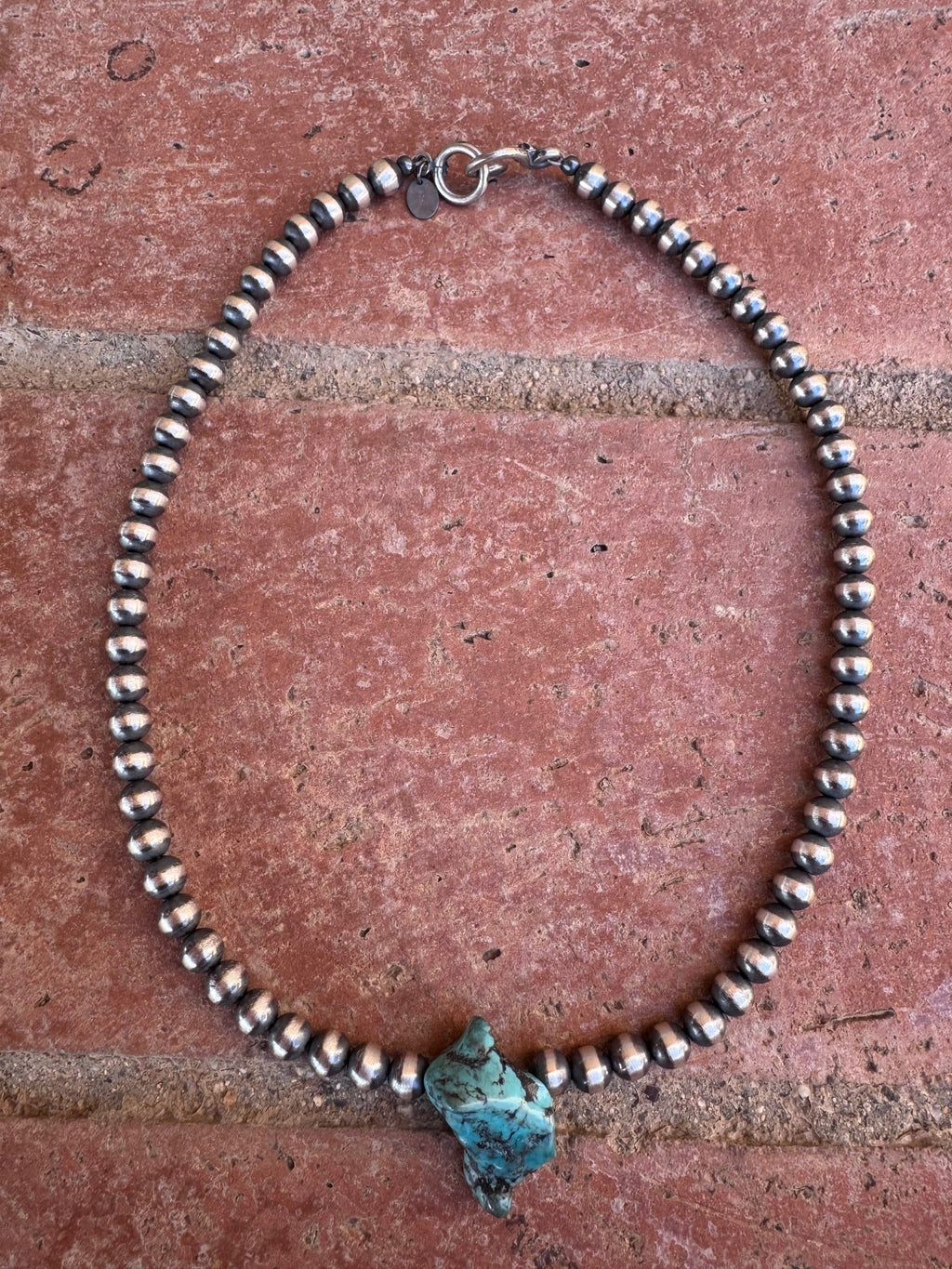 Handcrafted Chunky Kingman Turquoise And Sterling Silver 6mm Beaded Necklace 16" - Che Cose Belle