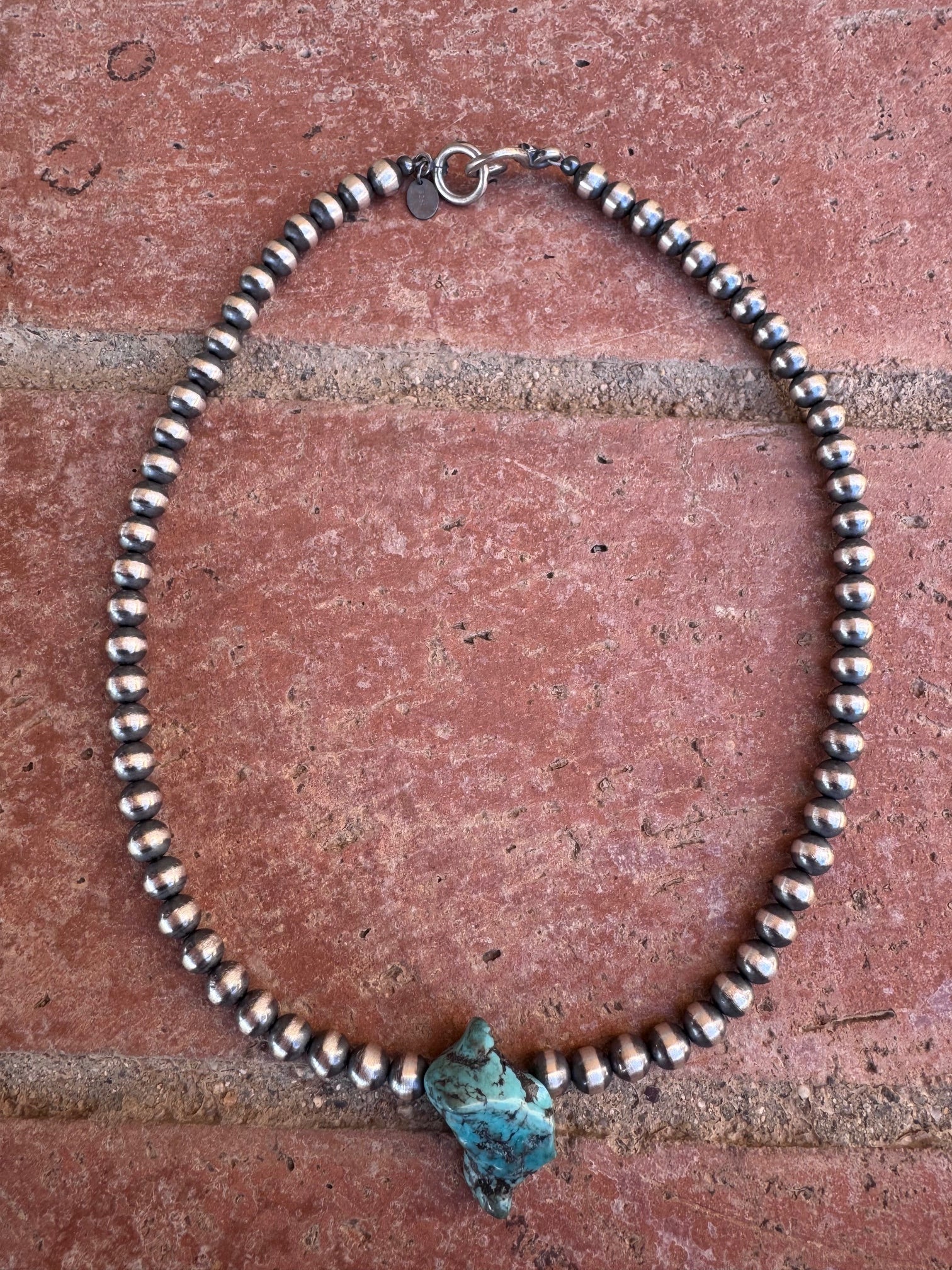 Handcrafted Chunky Kingman Turquoise And Sterling Silver 6mm Beaded Necklace 16" - Che Cose Belle