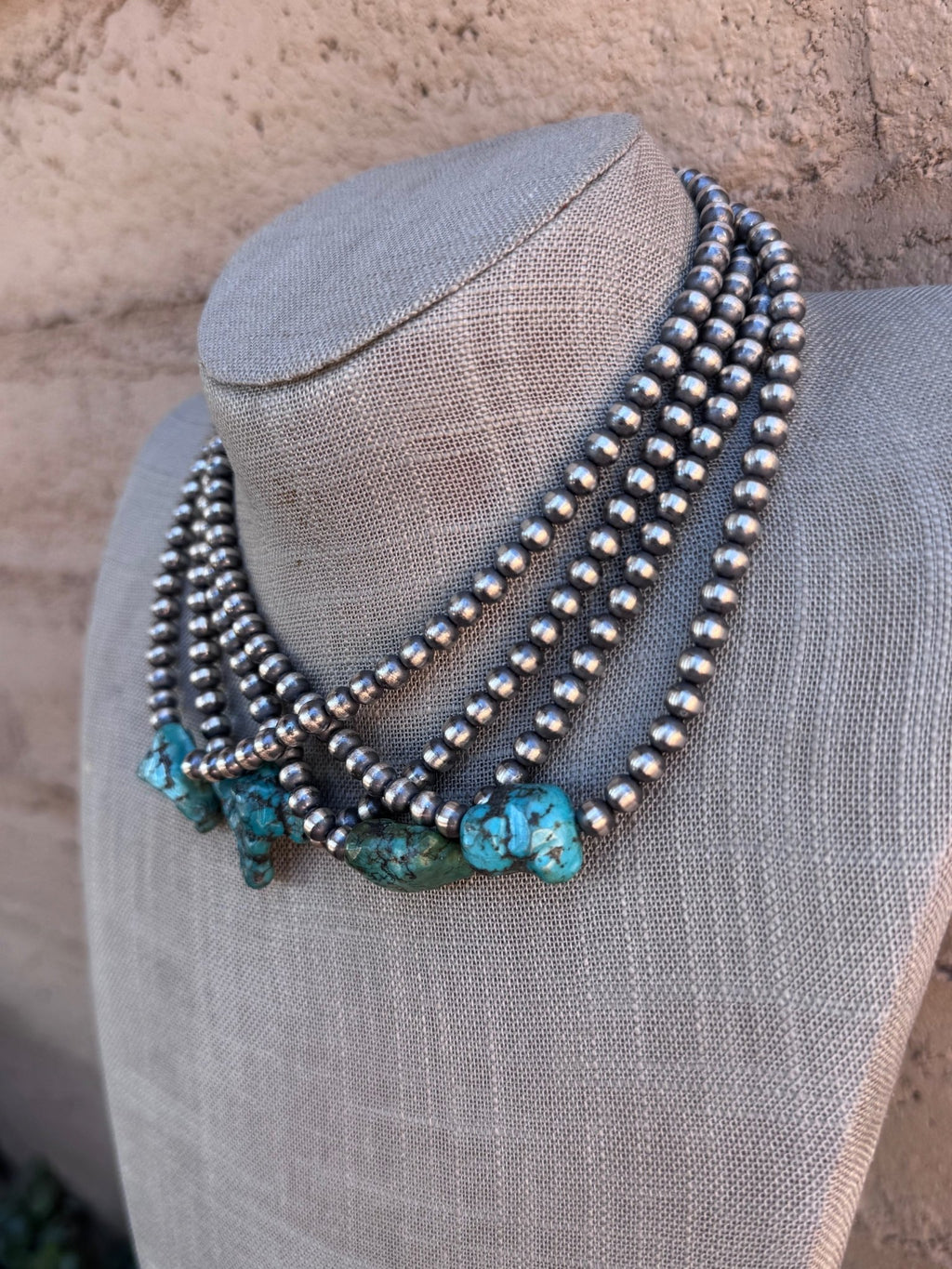 Handcrafted Chunky Kingman Turquoise And Sterling Silver 6mm Beaded Necklace 16" - Che Cose Belle