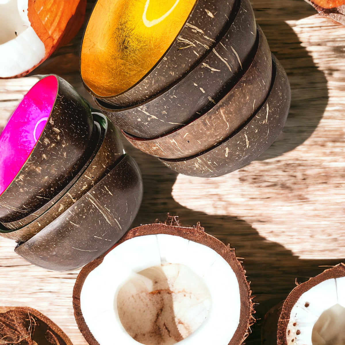 Coconut Rainbow Bowls Handcrafted Gold Leaf Polished Lacquered Eco Serve Bowls