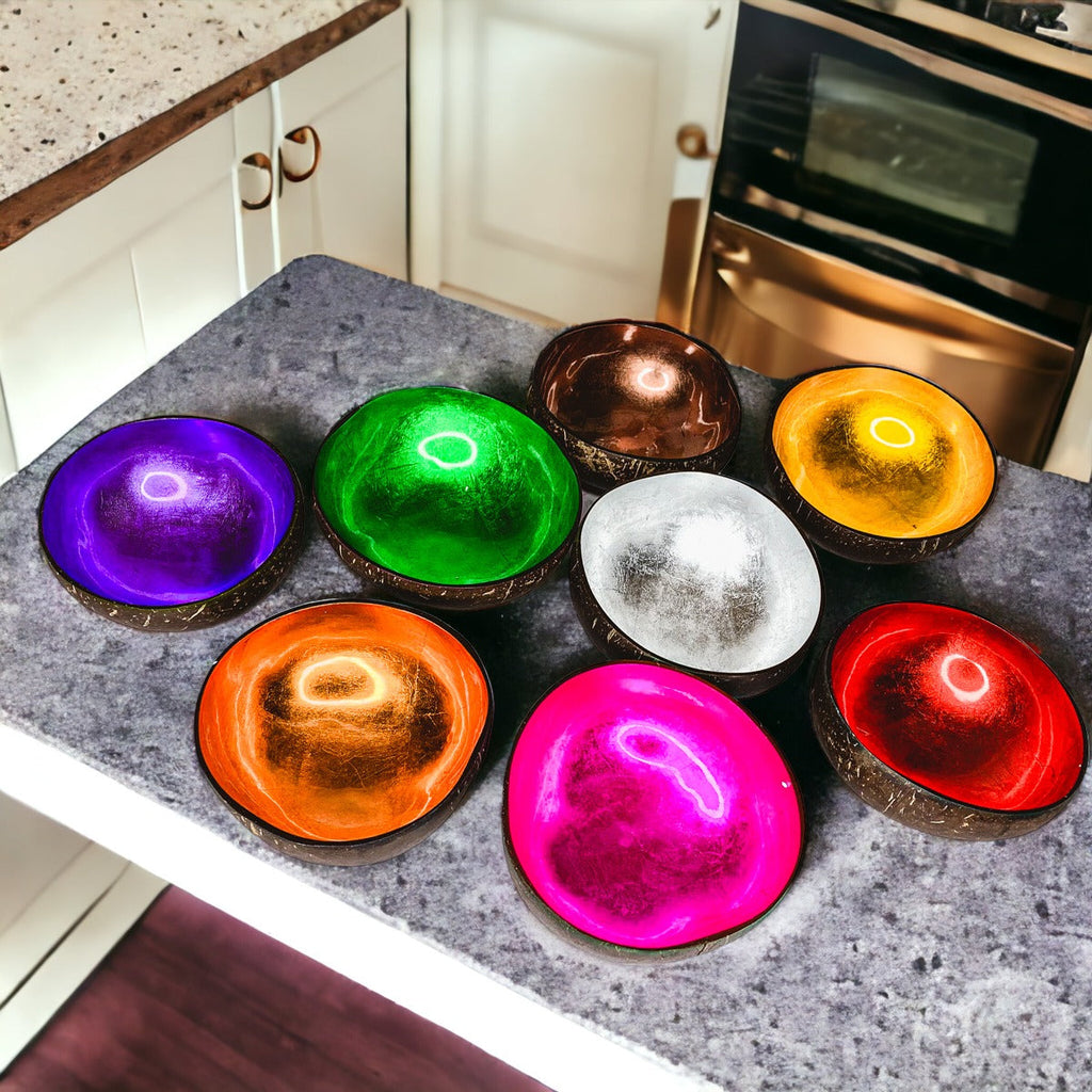 Coconut Rainbow Bowls Handcrafted Gold Leaf Polished Lacquered Eco Serve Bowls
