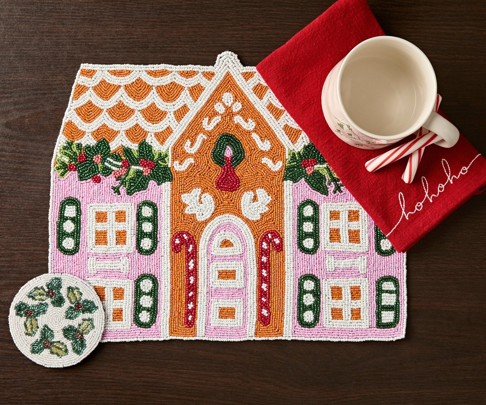 Handcrafted Gingerbread House Beaded Placemat, Beaded Holiday Table Decor, Christmas special beaded placemat by Payton James, Christmas decoration gift for her - Che Cose Belle