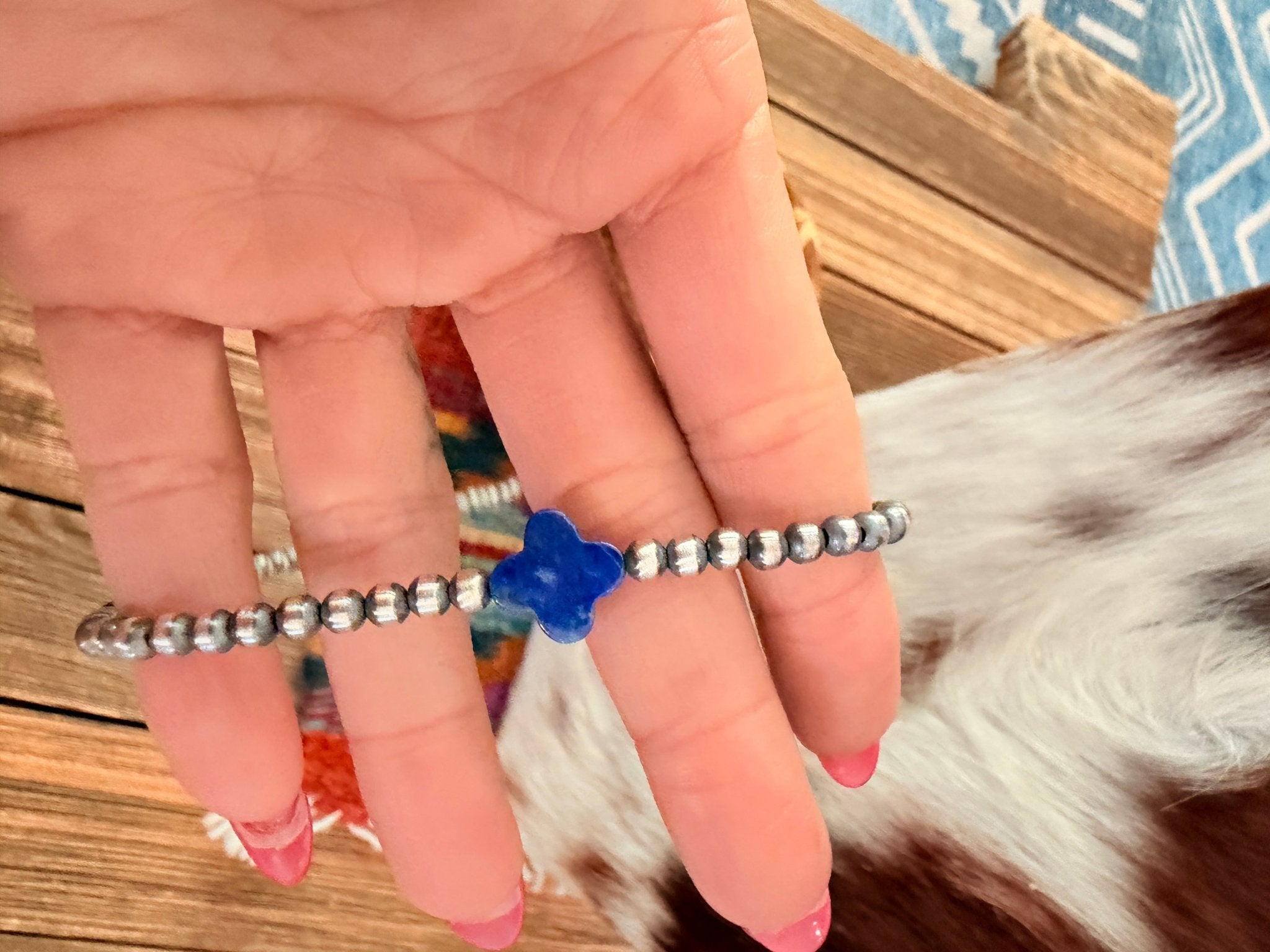 Handcrafted Lapis and Sterling Silver Pearl Quatrefoil Beaded Necklace - Che Cose Belle