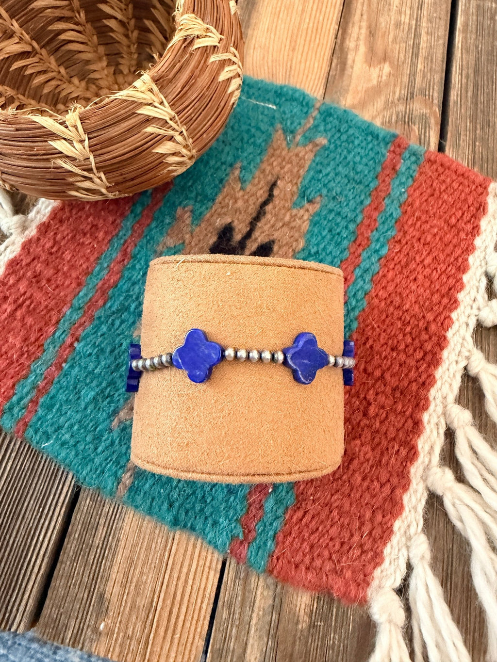 Handcrafted Lapis & Sterling Silver Pearl Cross Beaded Stretch Bracelet - Che Cose Belle