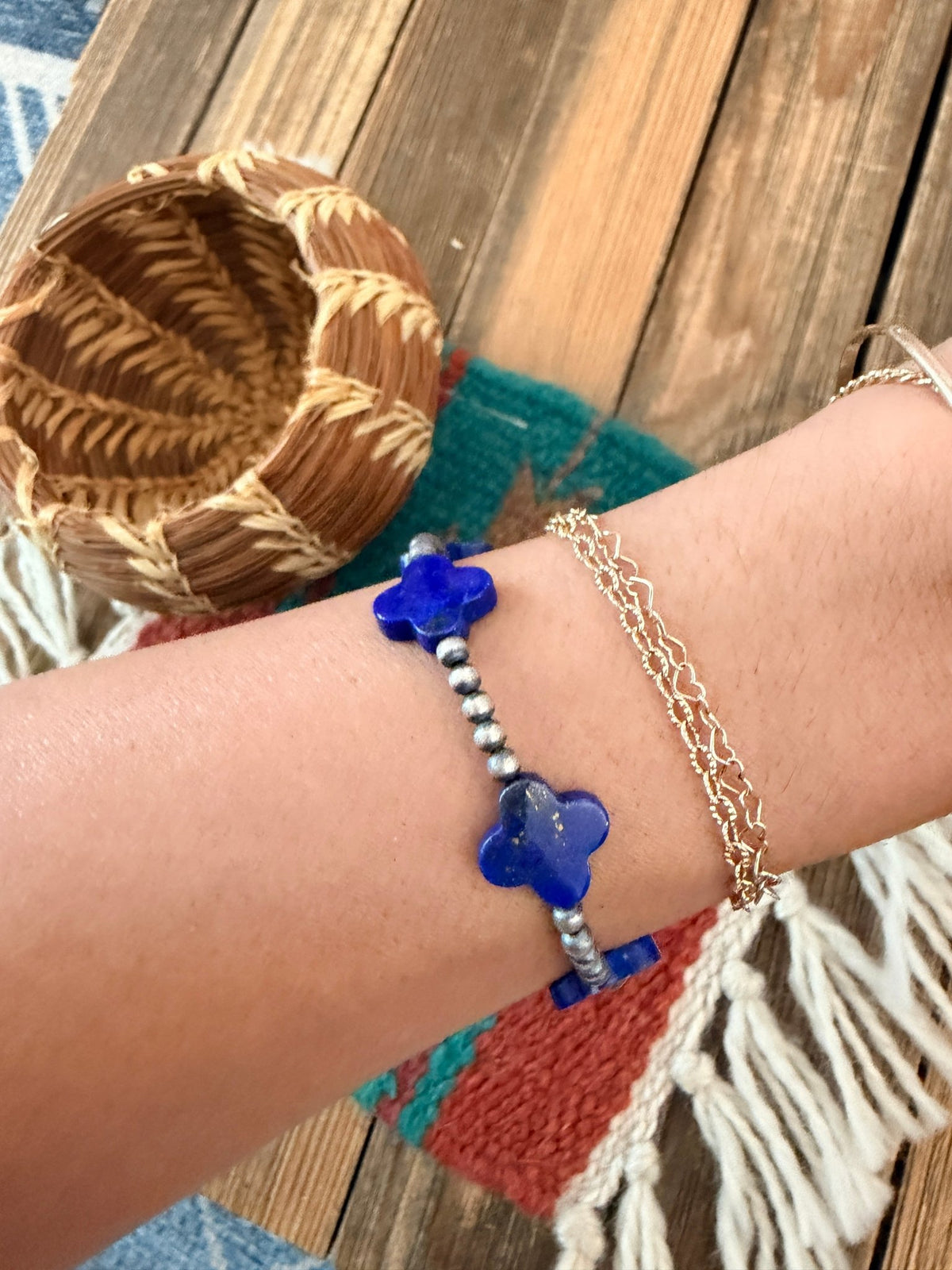 Handcrafted Lapis & Sterling Silver Pearl Cross Beaded Stretch Bracelet - Che Cose Belle