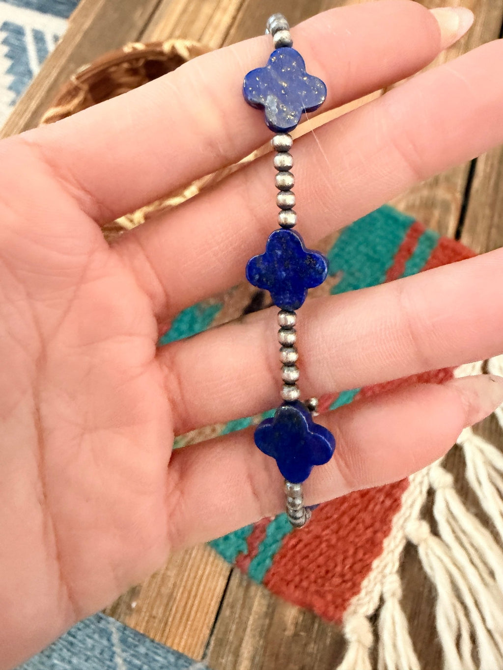 Handcrafted Lapis & Sterling Silver Pearl Cross Beaded Stretch Bracelet - Che Cose Belle