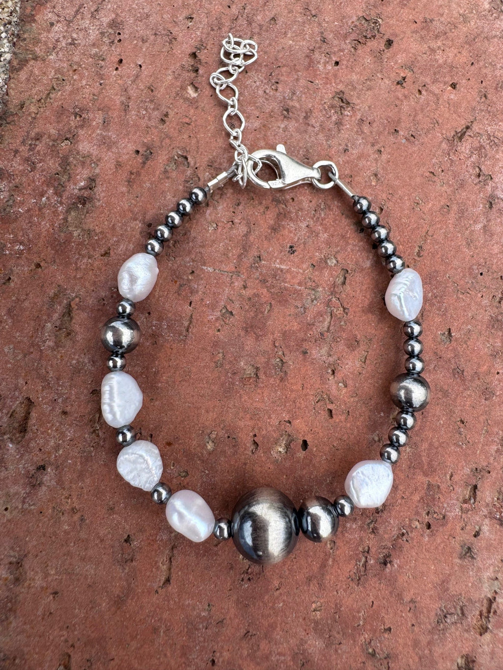 Handcrafted Mother of Pearl & Sterling Silver Pearl 3 - 12mm Beaded Bracelet 6.5" - Che Cose Belle