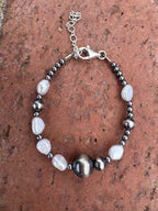 Handcrafted Mother of Pearl & Sterling Silver Pearl 3 - 12mm Beaded Bracelet 6.5" - Che Cose Belle