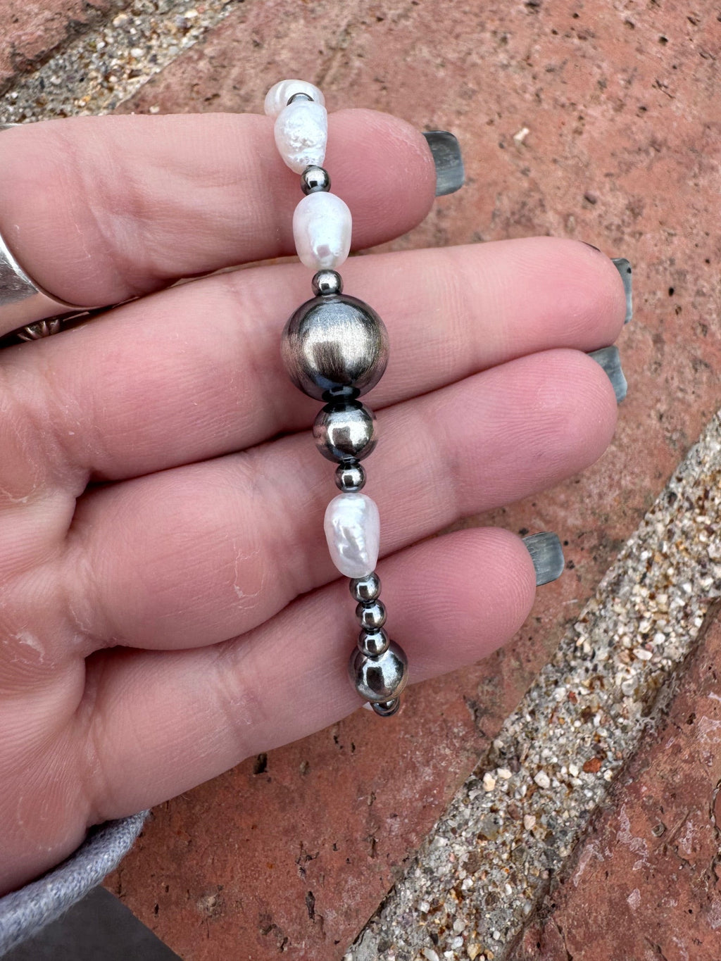 Handcrafted Mother of Pearl & Sterling Silver Pearl 3 - 12mm Beaded Bracelet 6.5" - Che Cose Belle
