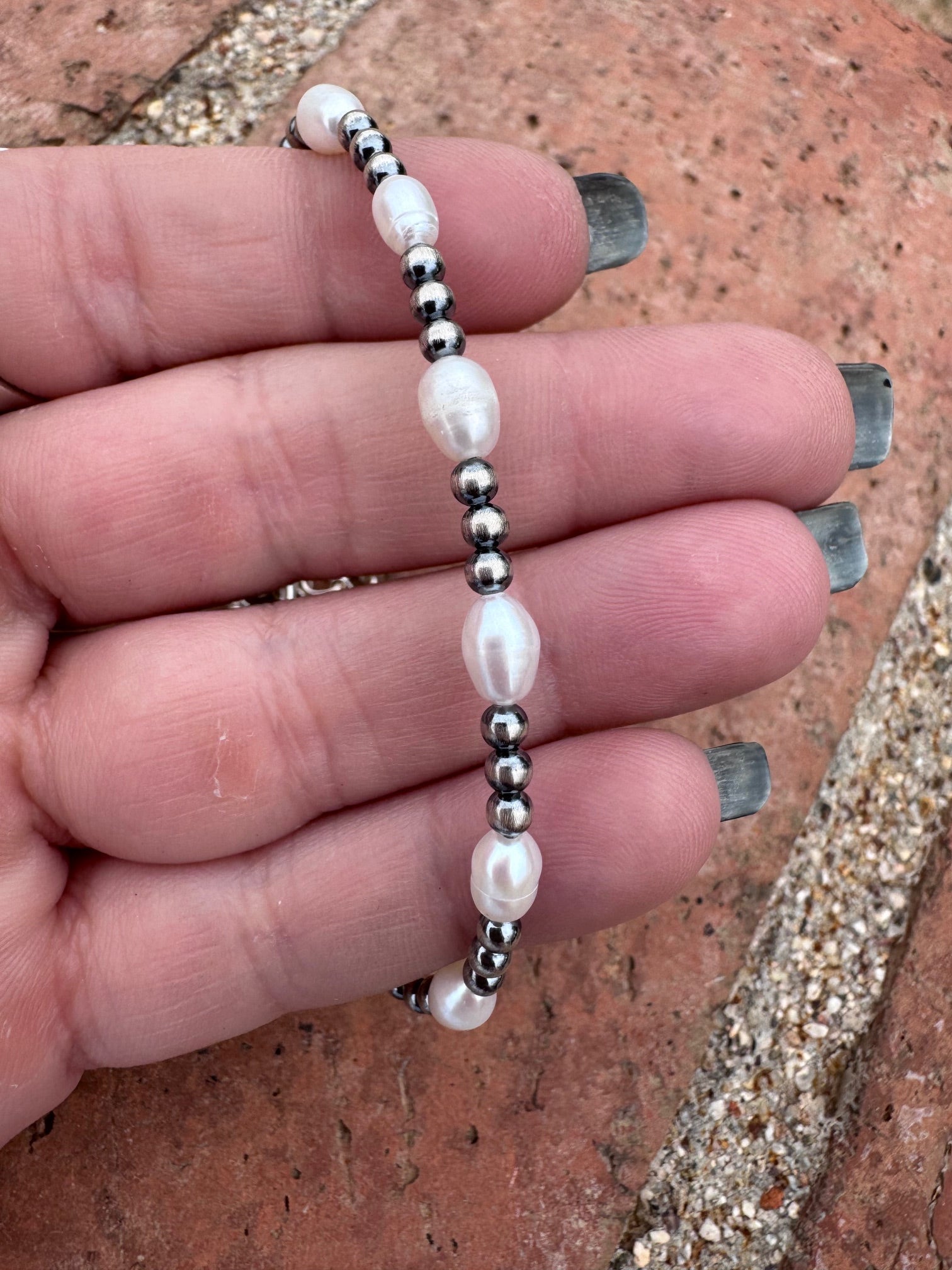 Handcrafted Mother of Pearl & Sterling Silver Pearl 3mm Beaded Bracelet 7.5" - Che Cose Belle