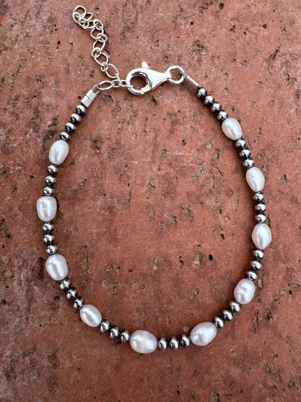 Handcrafted Mother of Pearl & Sterling Silver Pearl 3mm Beaded Bracelet 7.5" - Che Cose Belle