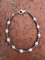 Handcrafted Mother of Pearl & Sterling Silver Pearl 3mm Beaded Bracelet 7.5" - Che Cose Belle