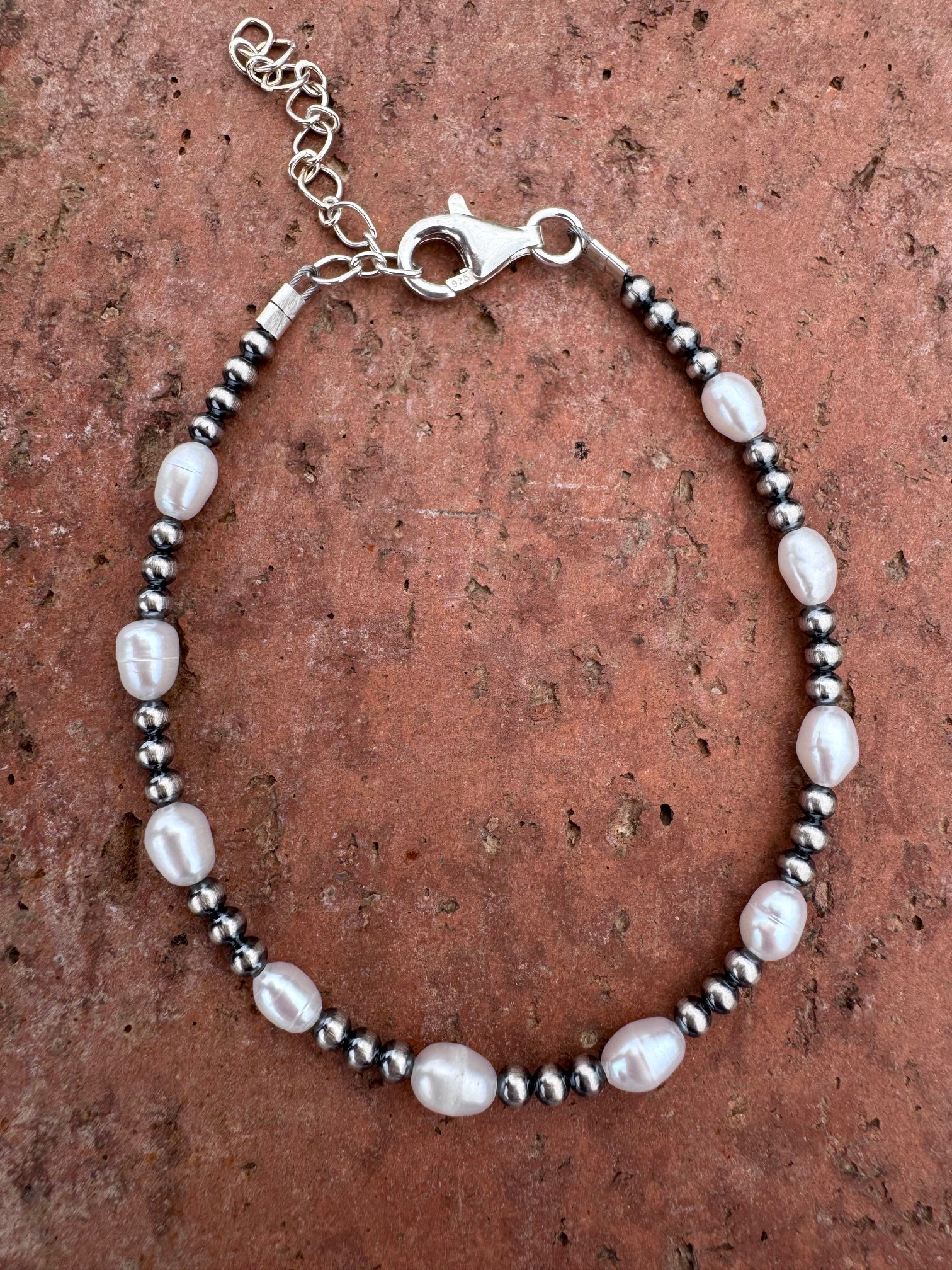 Handcrafted Mother of Pearl & Sterling Silver Pearl 3mm Beaded Bracelet 7.5" - Che Cose Belle