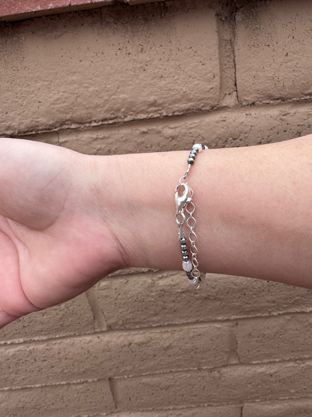 Handcrafted Mother of Pearl & Sterling Silver Pearl 3mm Beaded Bracelet 7.5" - Che Cose Belle