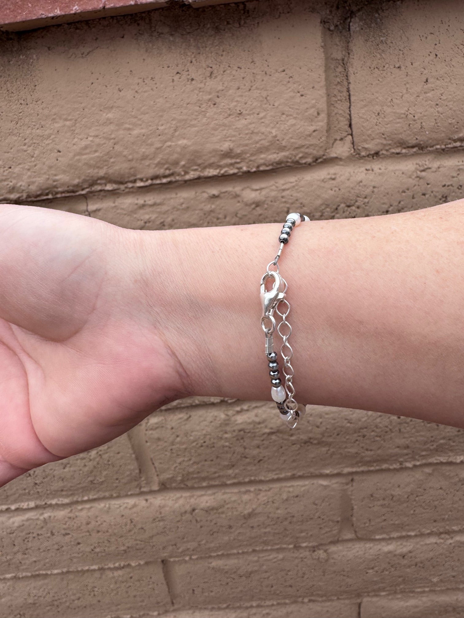 Handcrafted Mother of Pearl & Sterling Silver Pearl 3mm Beaded Bracelet 7.5" - Che Cose Belle
