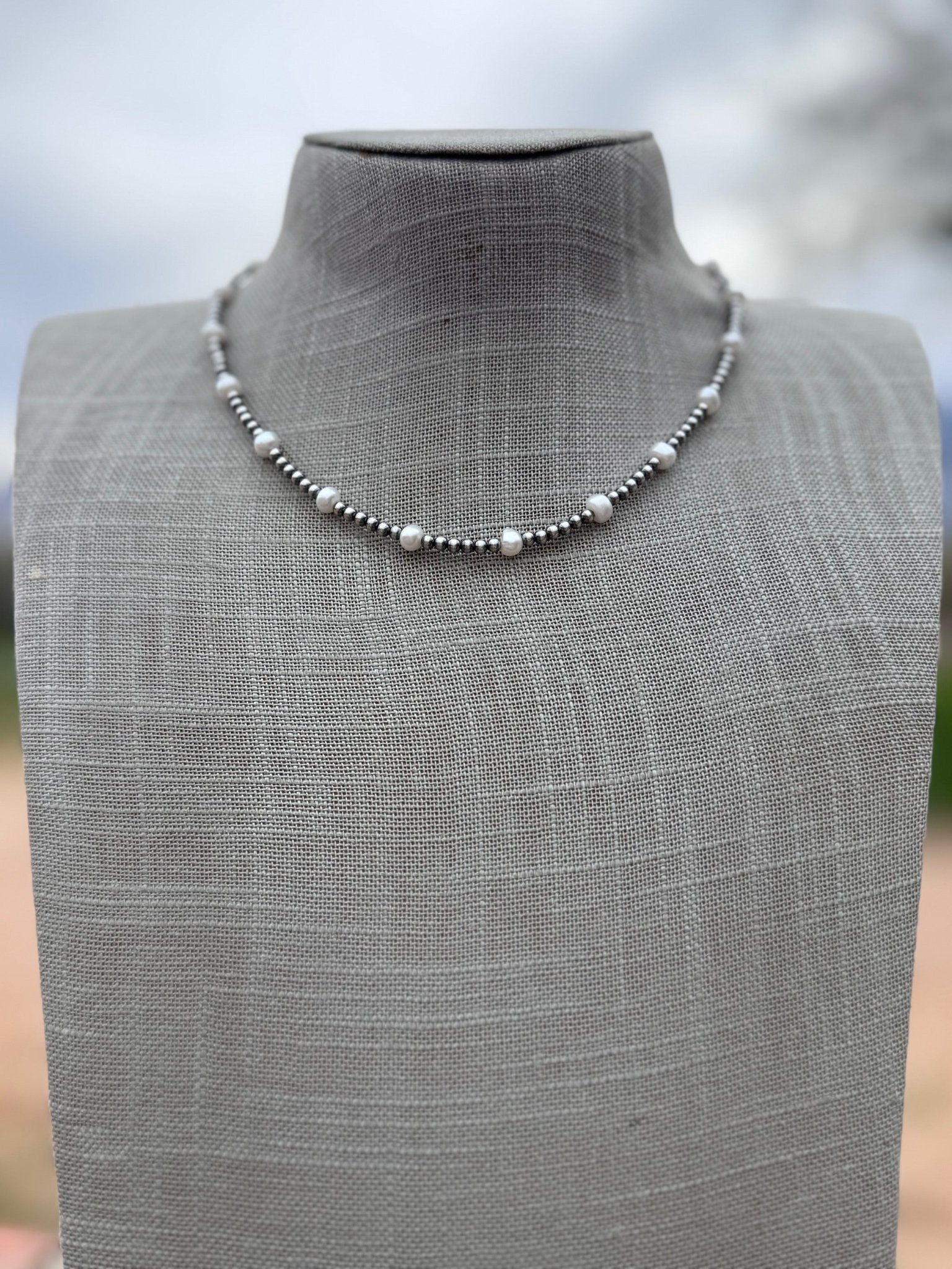 Handcrafted Mother of Pearl & Sterling Silver Pearl 3mm Beaded Necklace 16" - Che Cose Belle