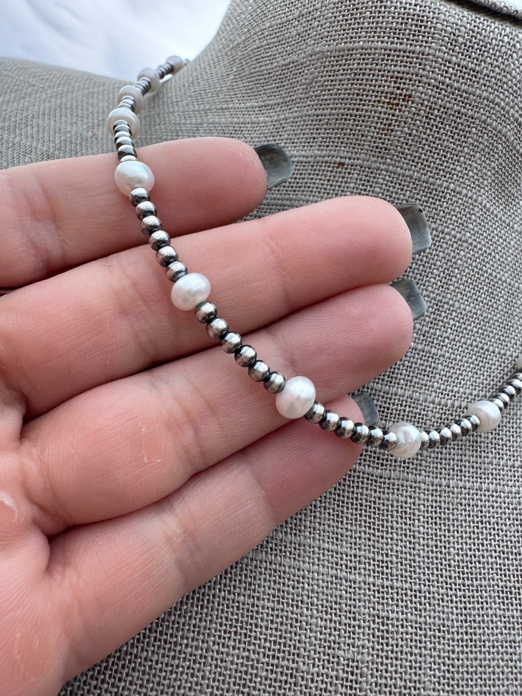Handcrafted Mother of Pearl & Sterling Silver Pearl 3mm Beaded Necklace 16" - Che Cose Belle