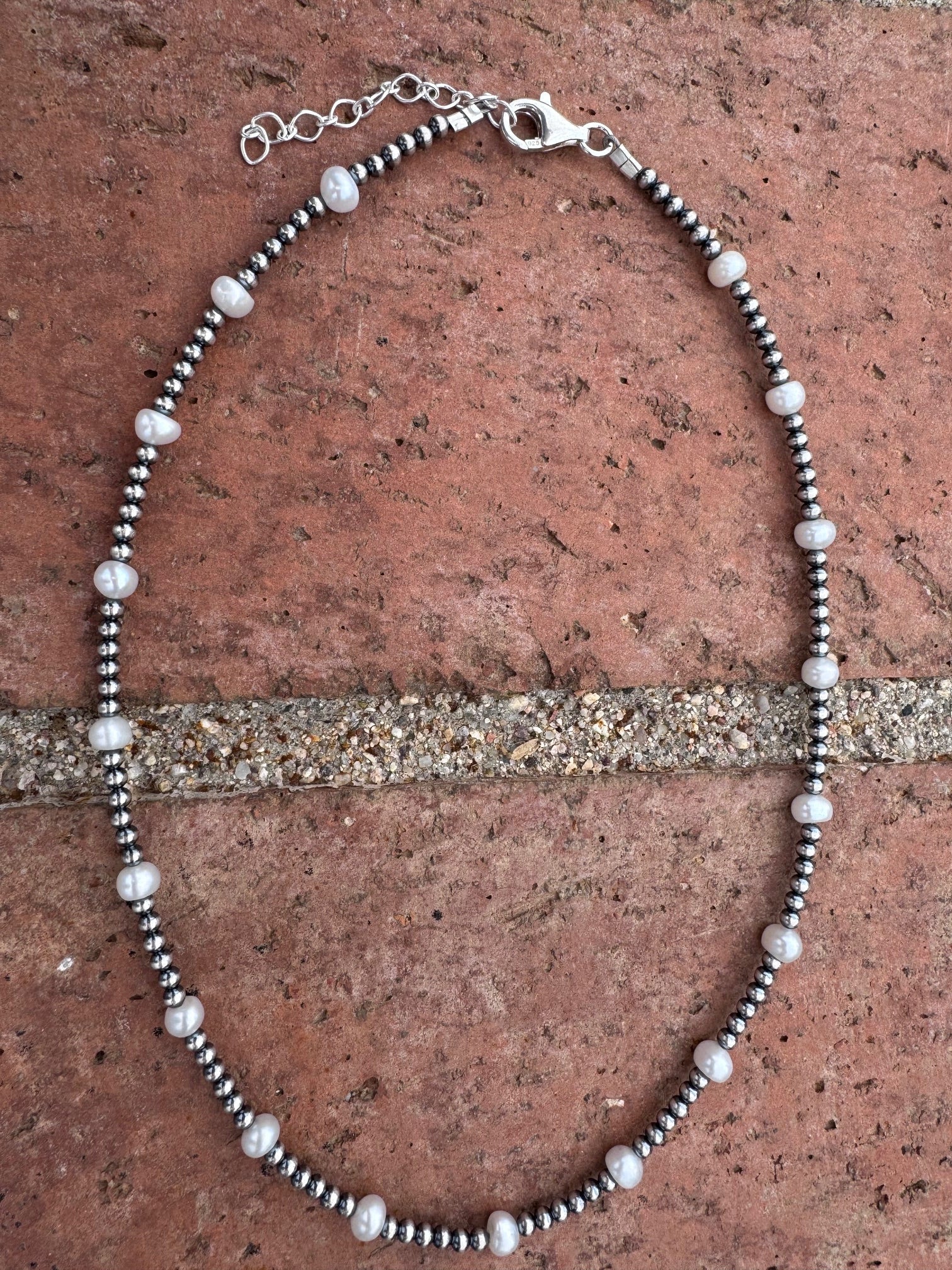 Handcrafted Mother of Pearl & Sterling Silver Pearl 3mm Beaded Necklace 16" - Che Cose Belle