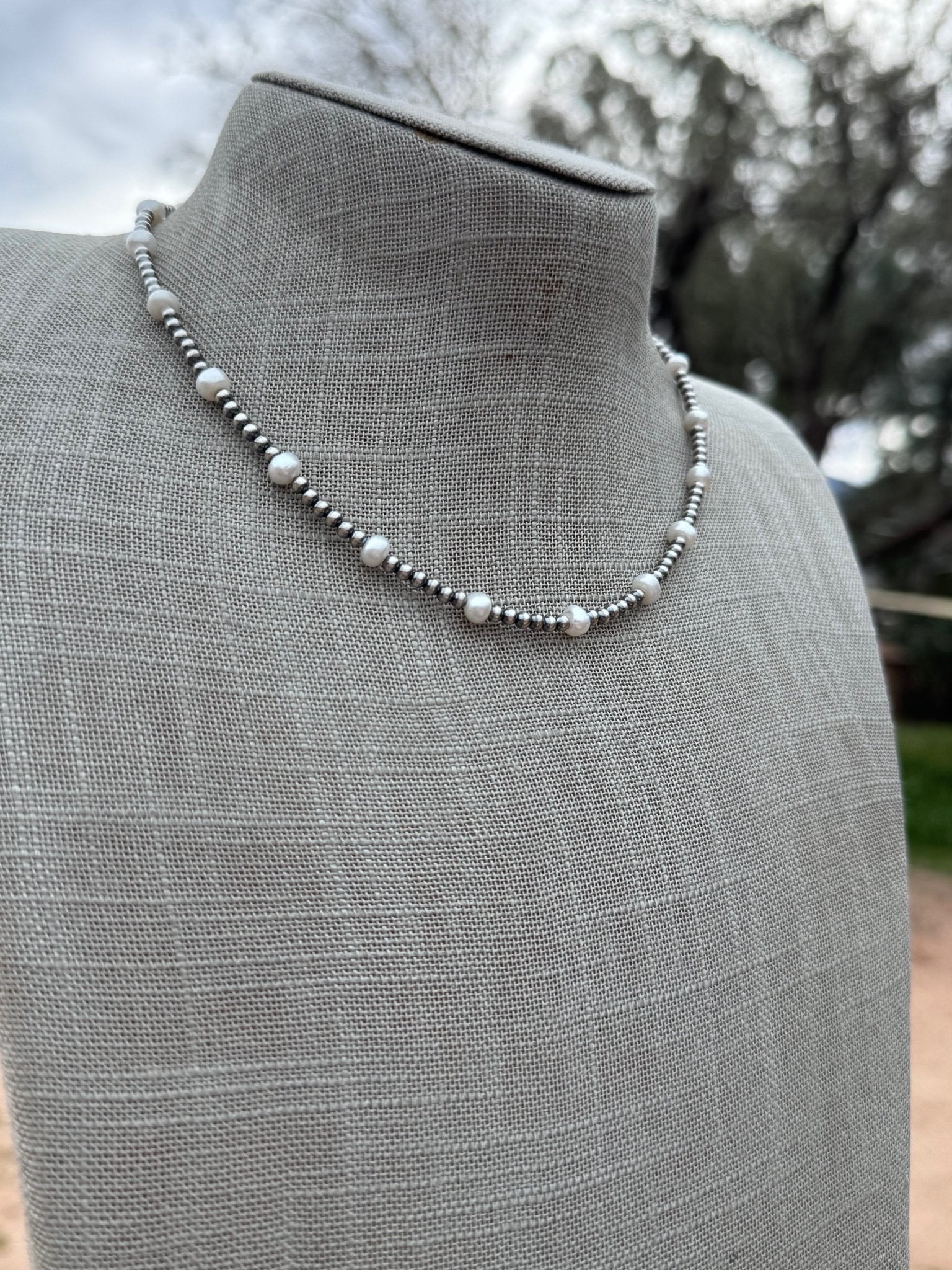 Handcrafted Mother of Pearl & Sterling Silver Pearl 3mm Beaded Necklace 16" - Che Cose Belle
