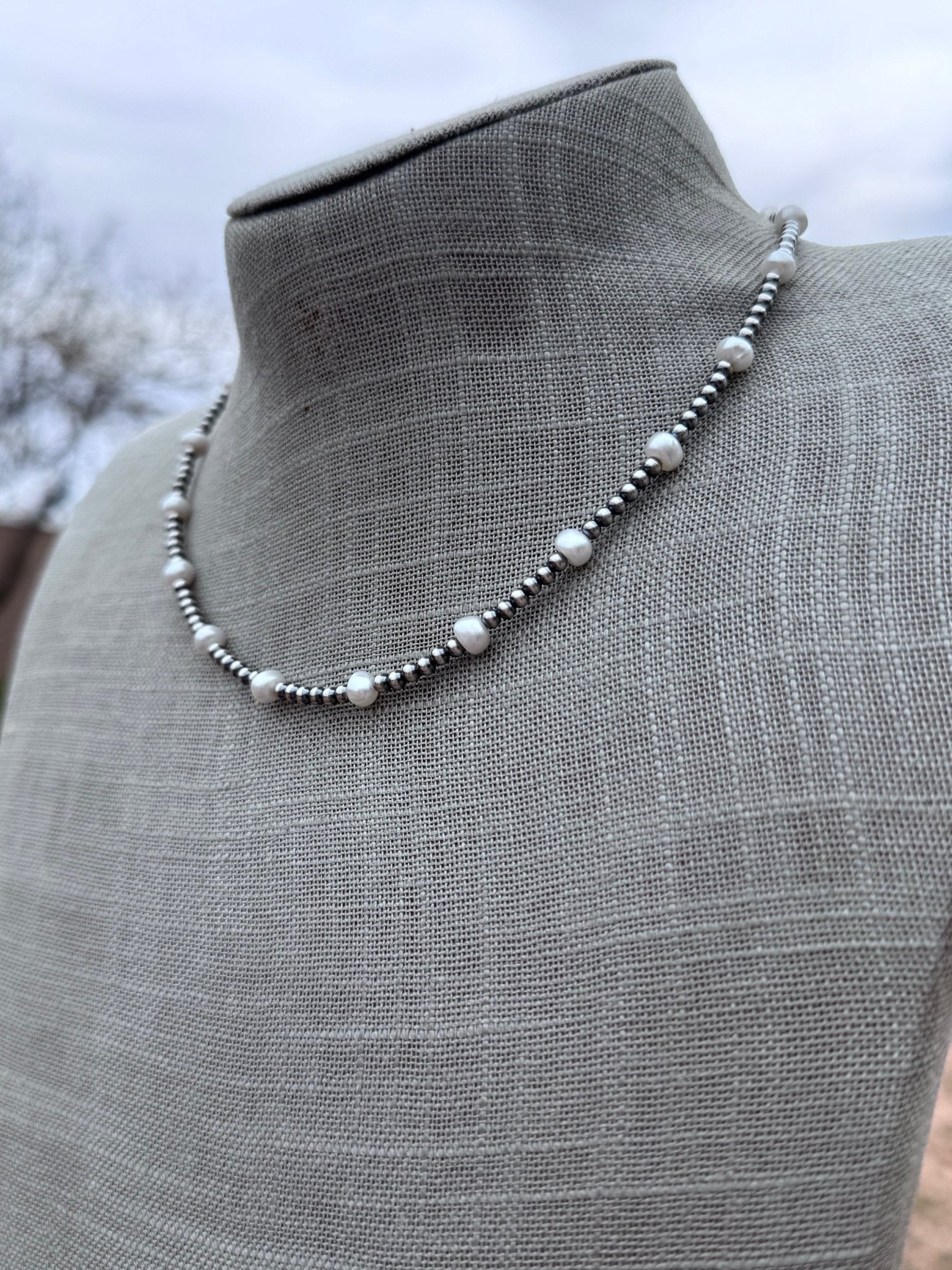 Handcrafted Mother of Pearl & Sterling Silver Pearl 3mm Beaded Necklace 16" - Che Cose Belle