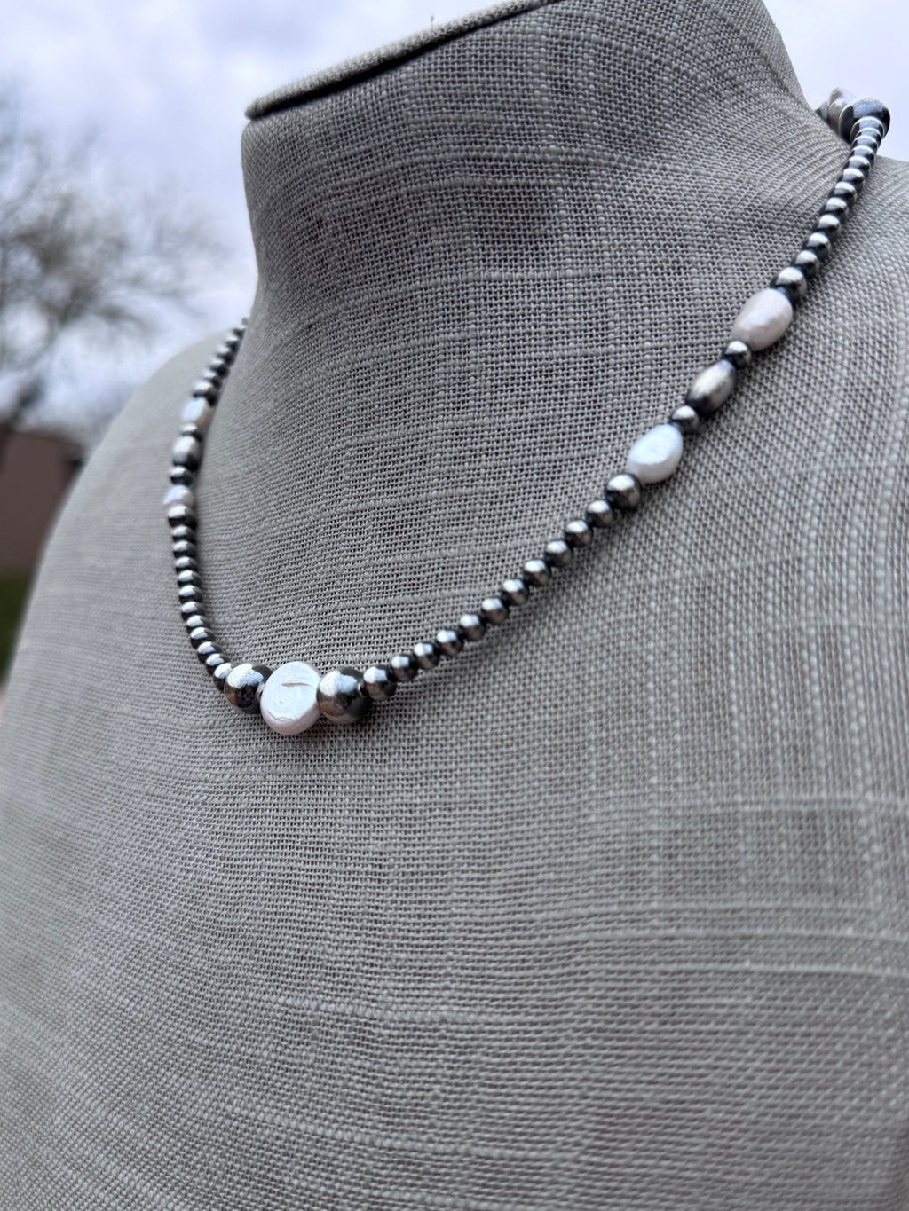 Handcrafted Mother of Pearl & Sterling Silver Pearl 4 - 8mm Beaded Necklace 16" - Che Cose Belle