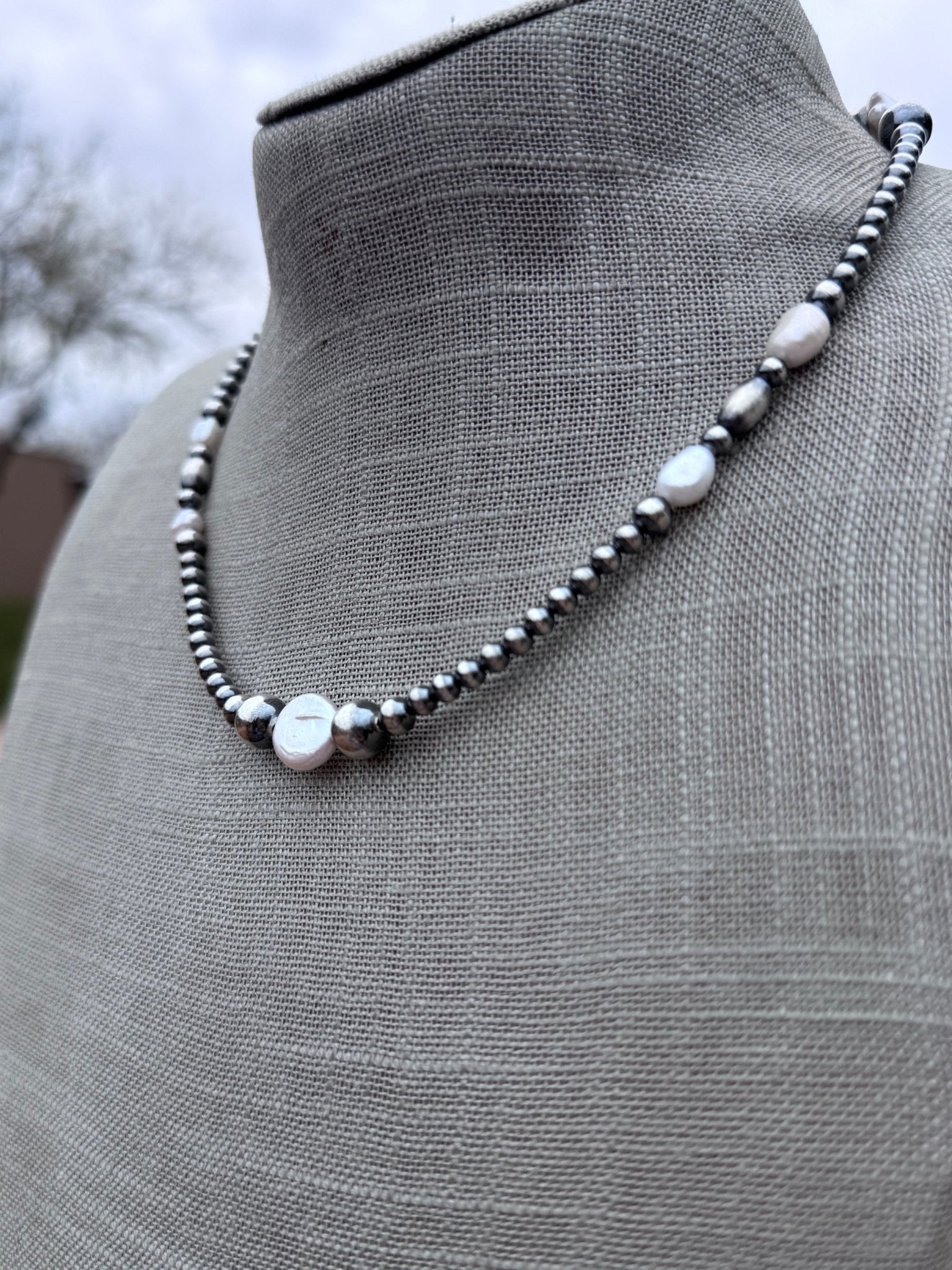 Handcrafted Mother of Pearl & Sterling Silver Pearl 4 - 8mm Beaded Necklace 16" - Che Cose Belle