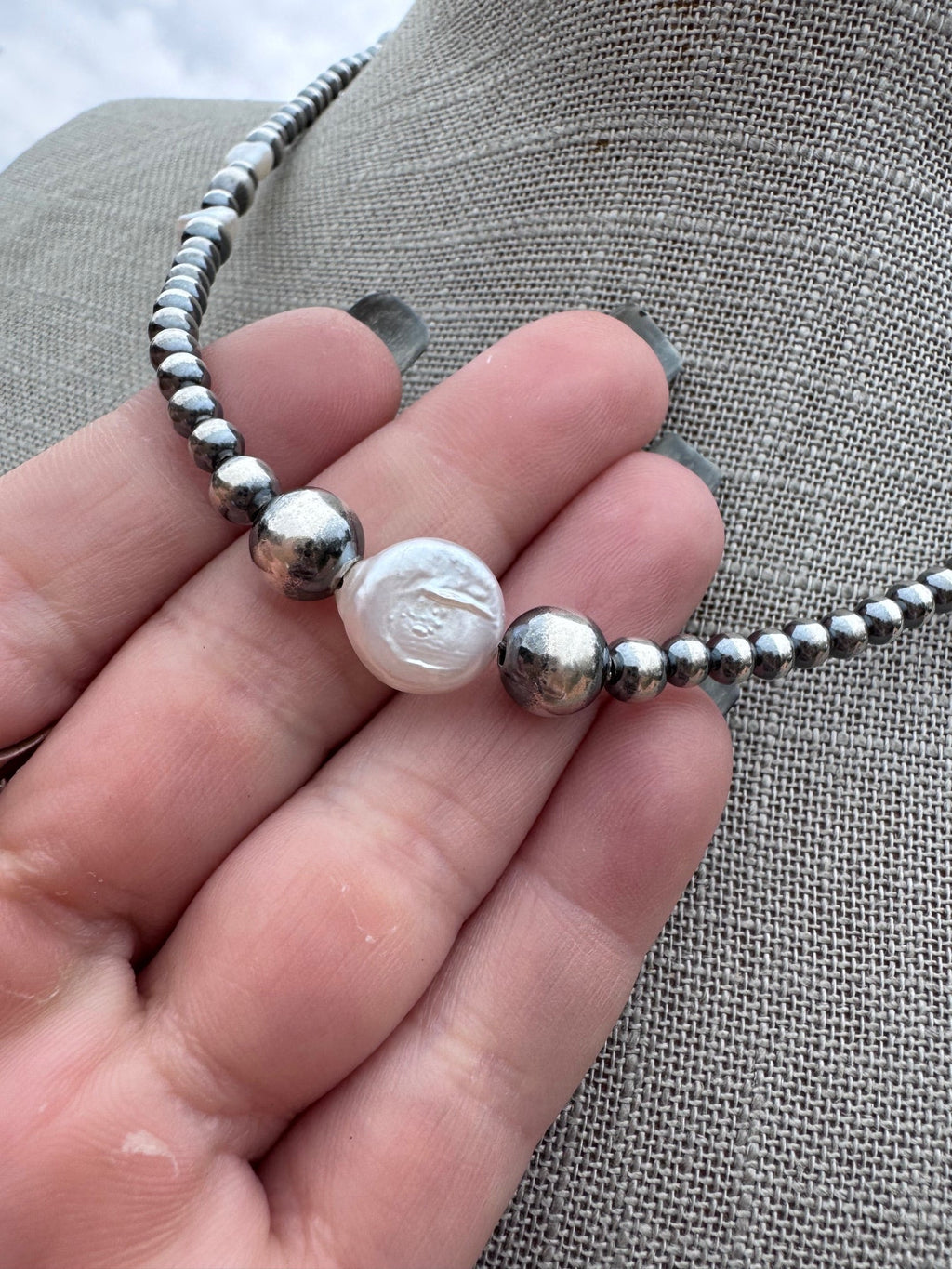 Handcrafted Mother of Pearl & Sterling Silver Pearl 4 - 8mm Beaded Necklace 16" - Che Cose Belle