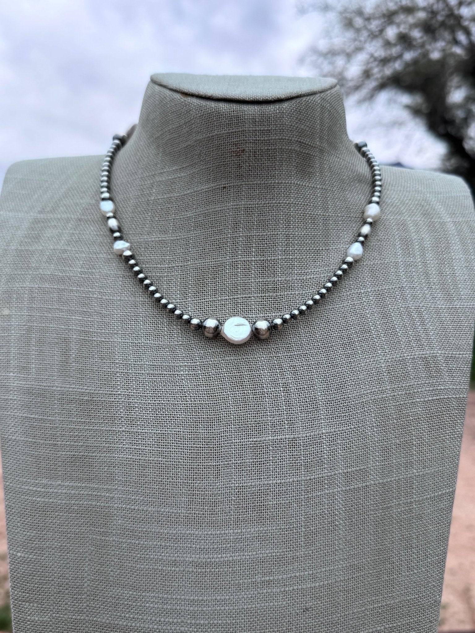 Handcrafted Mother of Pearl & Sterling Silver Pearl 4 - 8mm Beaded Necklace 16" - Che Cose Belle