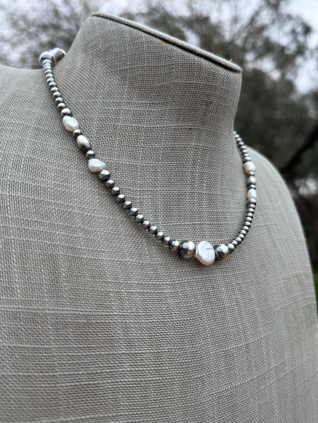 Handcrafted Mother of Pearl & Sterling Silver Pearl 4 - 8mm Beaded Necklace 16" - Che Cose Belle