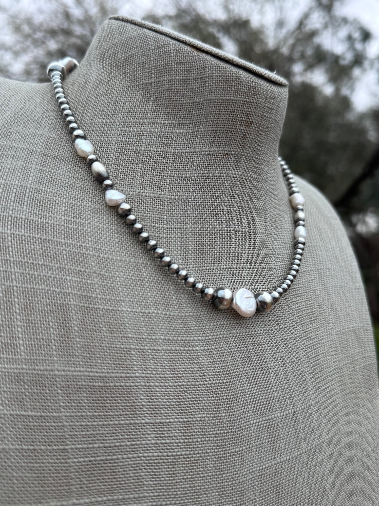 Handcrafted Mother of Pearl & Sterling Silver Pearl 4 - 8mm Beaded Necklace 16" - Che Cose Belle