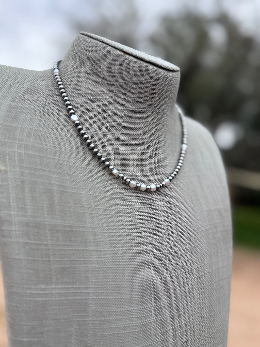 Handcrafted Mother of Pearl & Sterling Silver Pearl 4mm Beaded Necklace 16" - Che Cose Belle