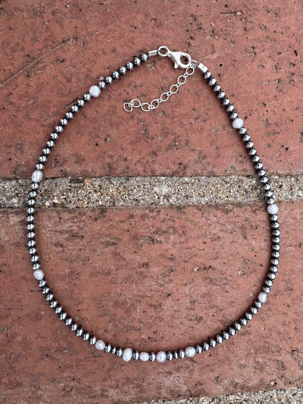 Handcrafted Mother of Pearl & Sterling Silver Pearl 4mm Beaded Necklace 16" - Che Cose Belle