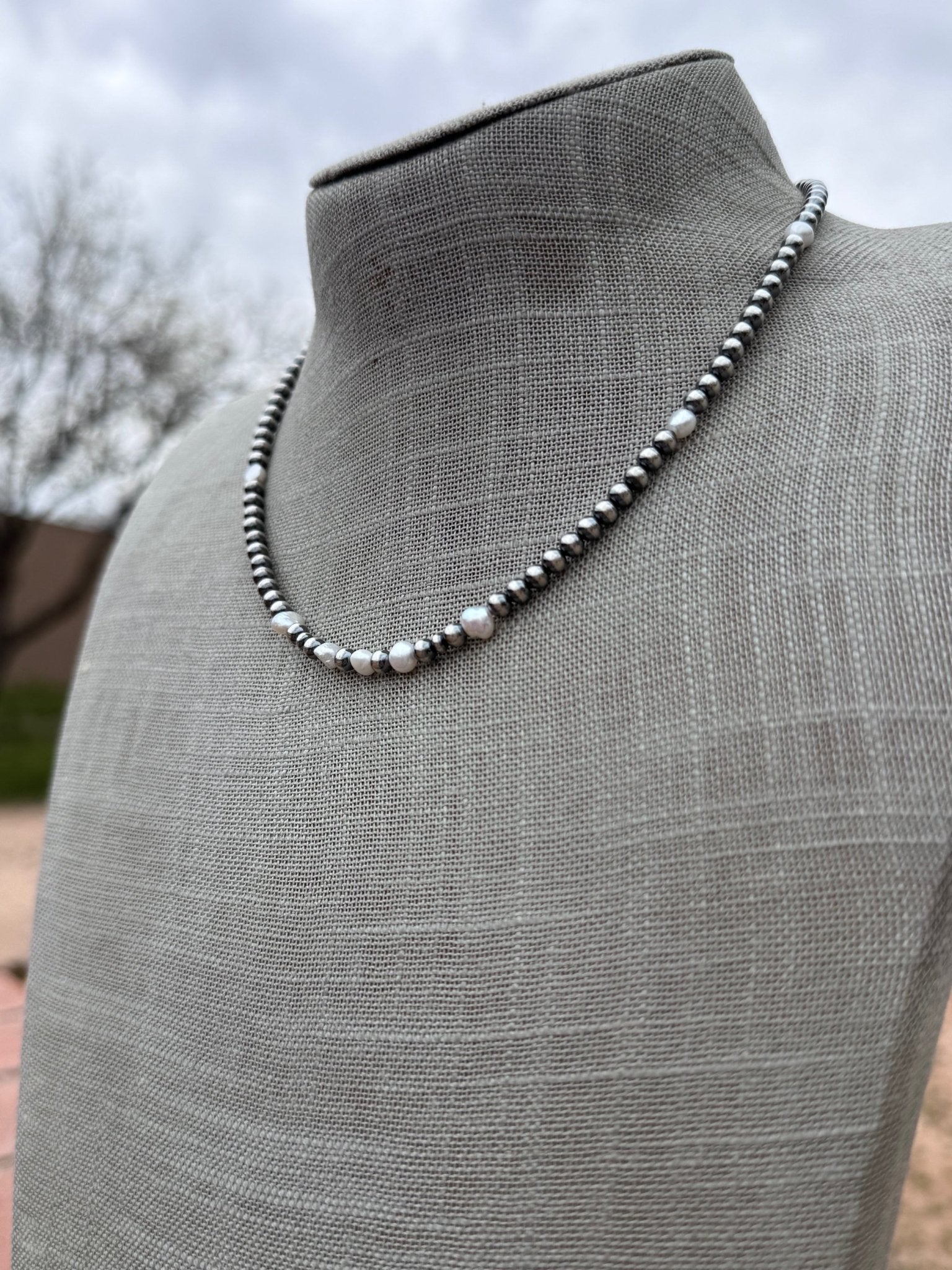 Handcrafted Mother of Pearl & Sterling Silver Pearl 4mm Beaded Necklace 16" - Che Cose Belle