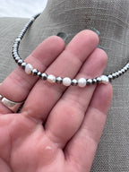 Handcrafted Mother of Pearl & Sterling Silver Pearl 4mm Beaded Necklace 16" - Che Cose Belle