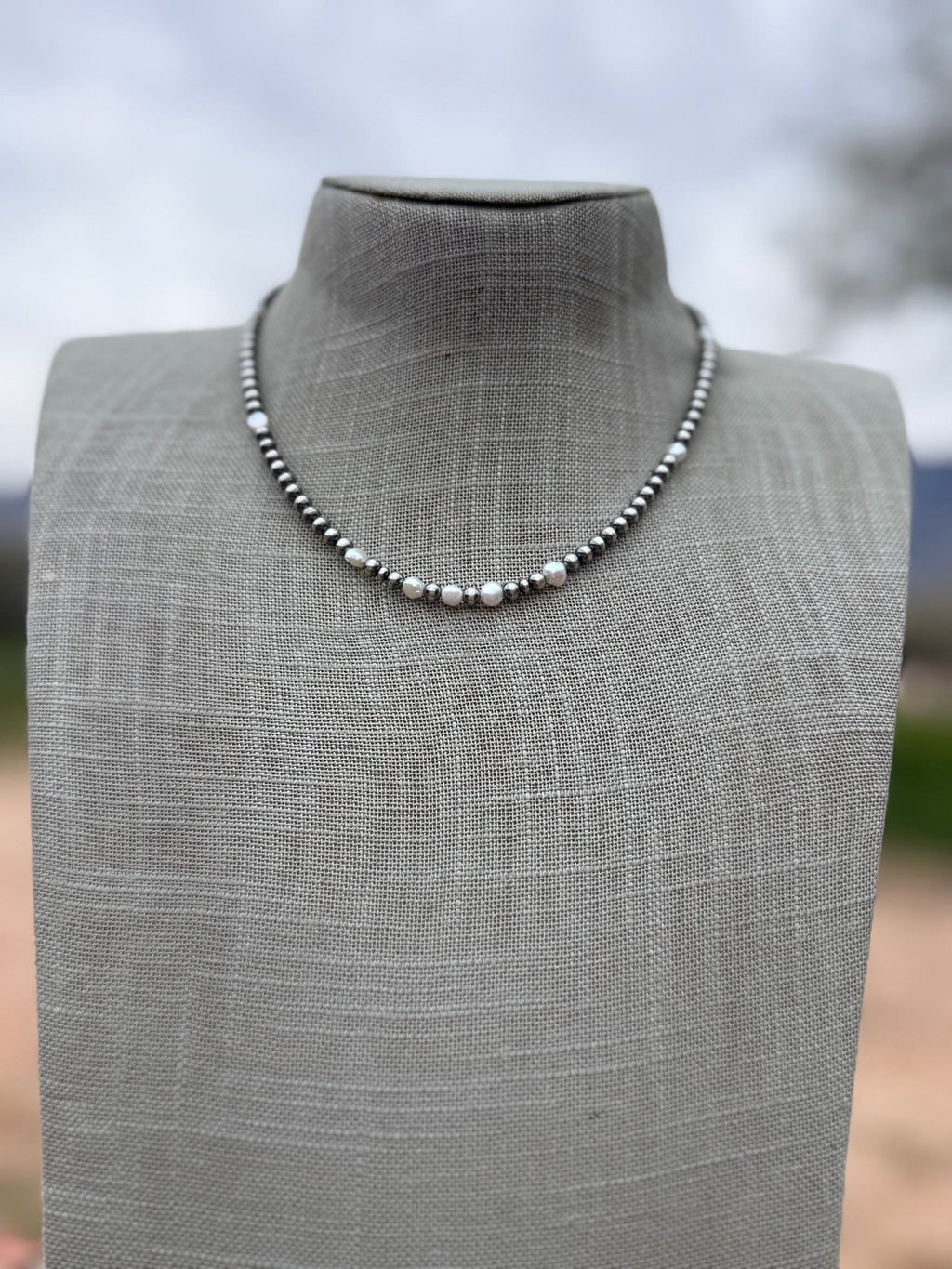 Handcrafted Mother of Pearl & Sterling Silver Pearl 4mm Beaded Necklace 16" - Che Cose Belle