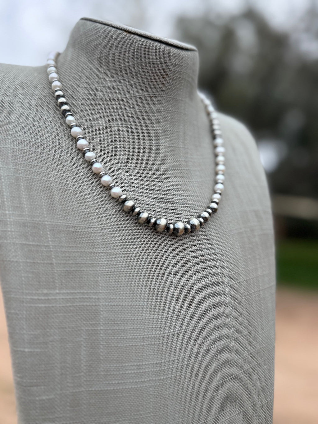 Handcrafted Mother of Pearl & Sterling Silver Pearl 6 - 8mm Beaded Necklace 18" - Che Cose Belle