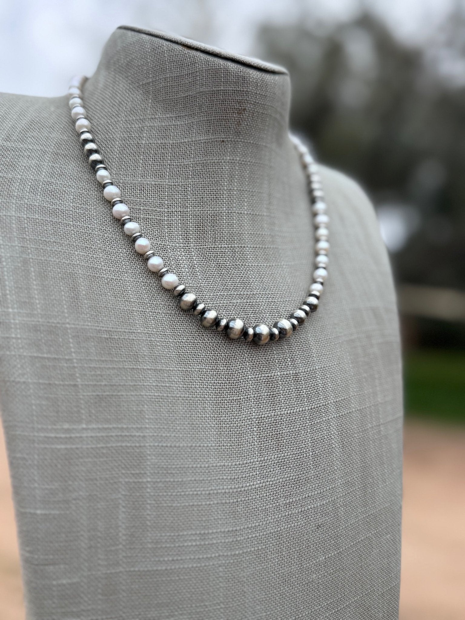 Handcrafted Mother of Pearl & Sterling Silver Pearl 6 - 8mm Beaded Necklace 18" - Che Cose Belle