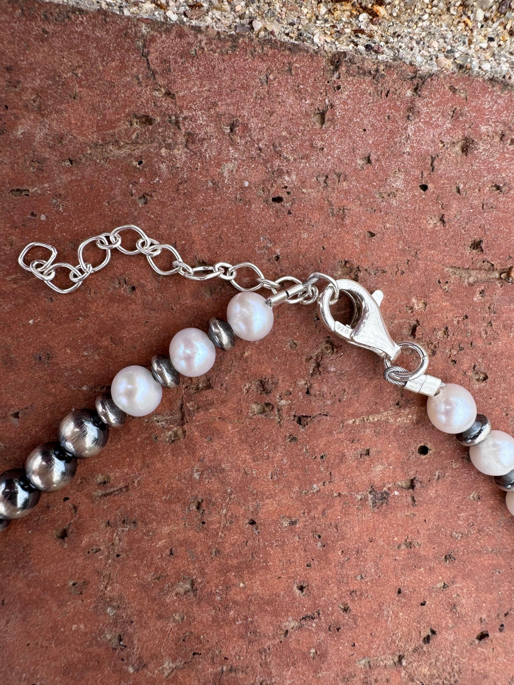 Handcrafted Mother of Pearl & Sterling Silver Pearl 6 - 8mm Beaded Necklace 18" - Che Cose Belle