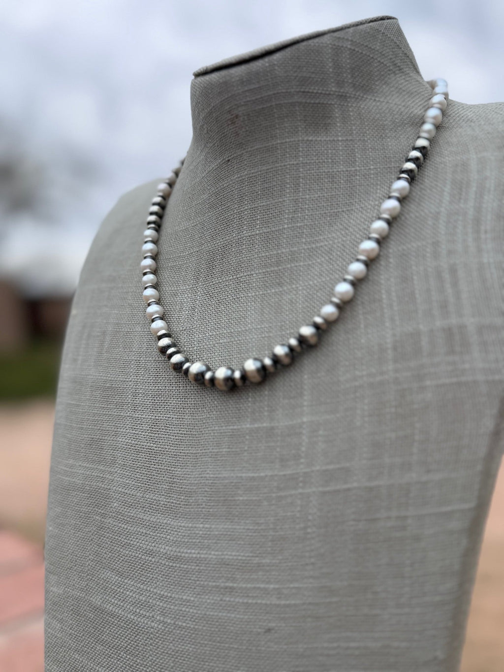 Handcrafted Mother of Pearl & Sterling Silver Pearl 6 - 8mm Beaded Necklace 18" - Che Cose Belle