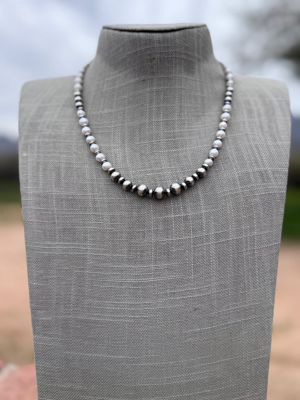 Handcrafted Mother of Pearl & Sterling Silver Pearl 6 - 8mm Beaded Necklace 18" - Che Cose Belle