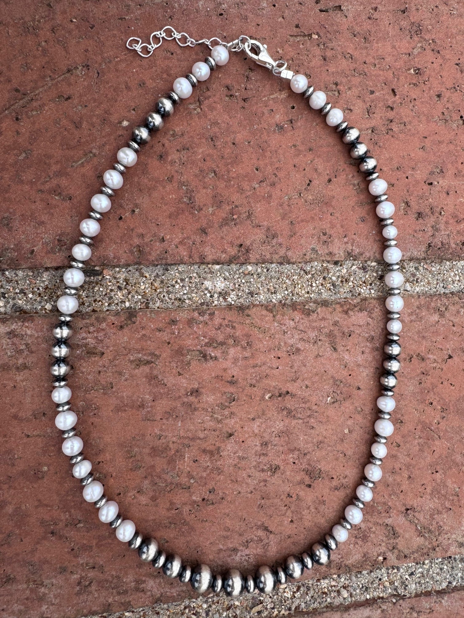 Handcrafted Mother of Pearl & Sterling Silver Pearl 6 - 8mm Beaded Necklace 18" - Che Cose Belle