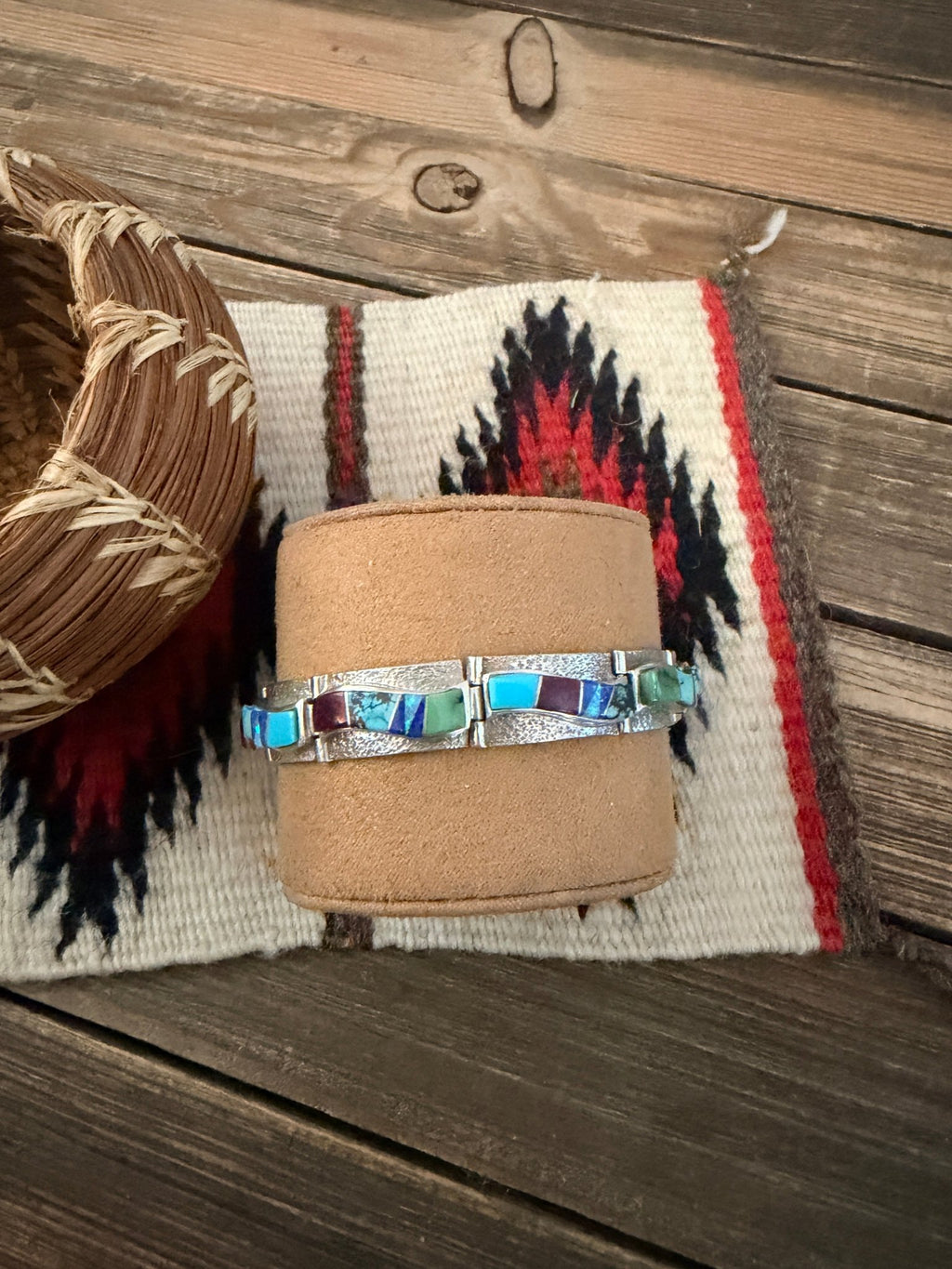 Handcrafted Old Pawn Sterling Silver & Multi Stone Inlay Link Bracelet - Che Cose Belle