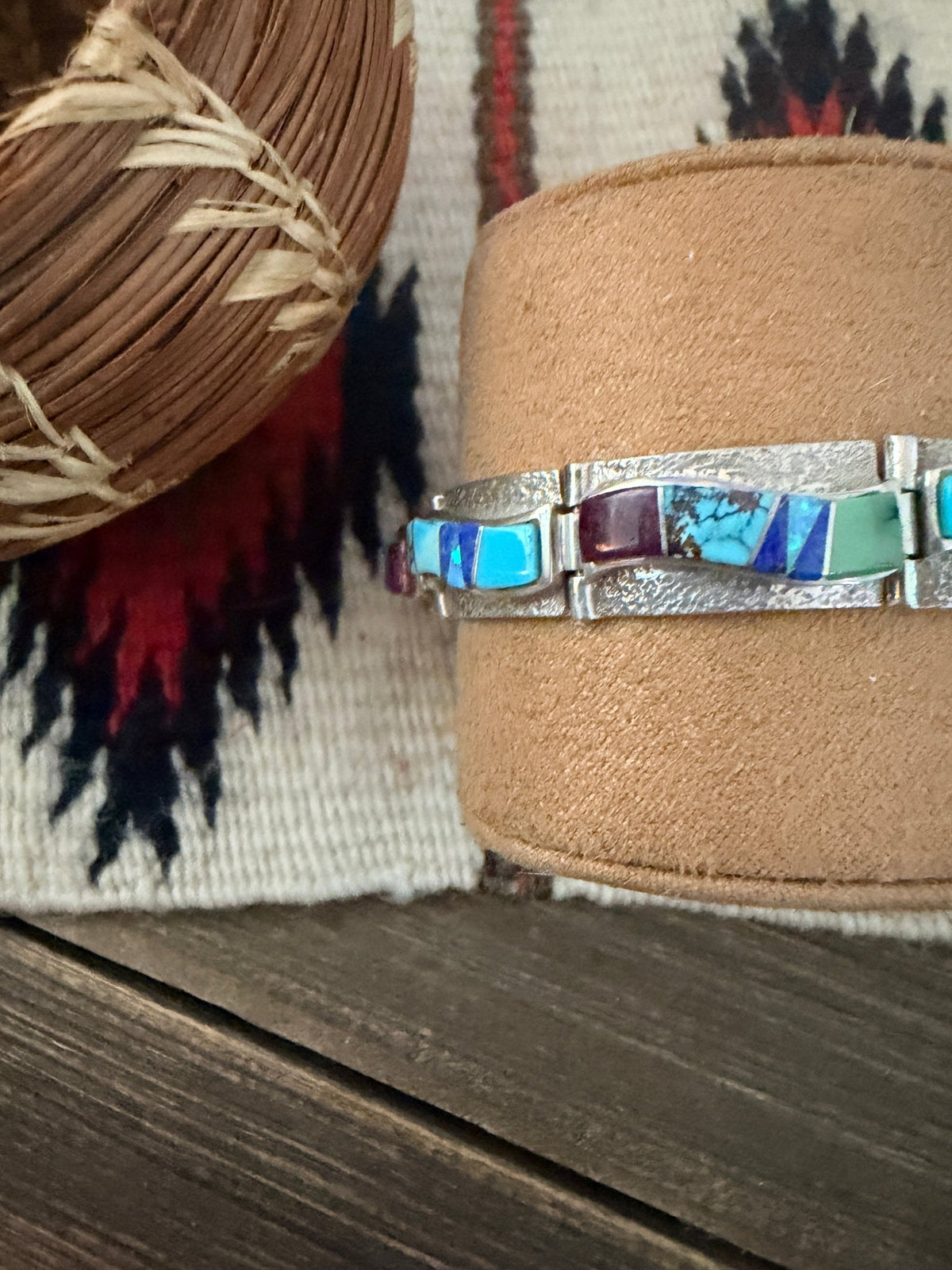 Handcrafted Old Pawn Sterling Silver & Multi Stone Inlay Link Bracelet - Che Cose Belle