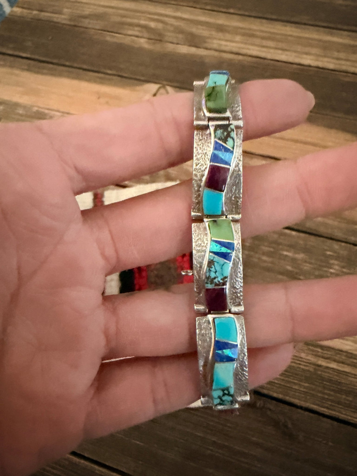 Handcrafted Old Pawn Sterling Silver & Multi Stone Inlay Link Bracelet - Che Cose Belle