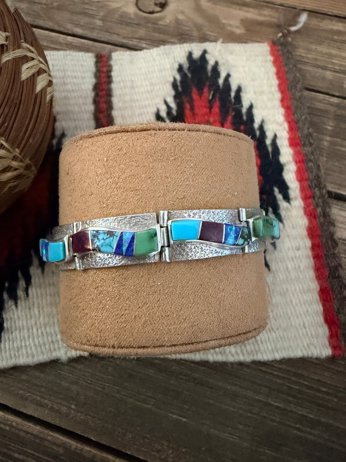 Handcrafted Old Pawn Sterling Silver & Multi Stone Inlay Link Bracelet - Che Cose Belle