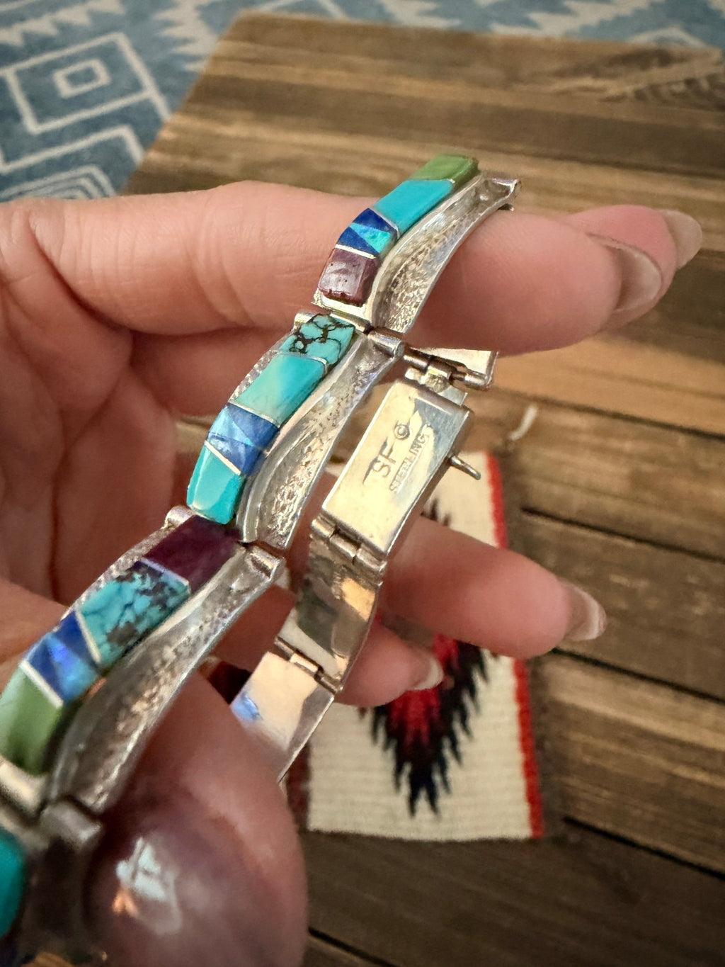 Handcrafted Old Pawn Sterling Silver & Multi Stone Inlay Link Bracelet - Che Cose Belle