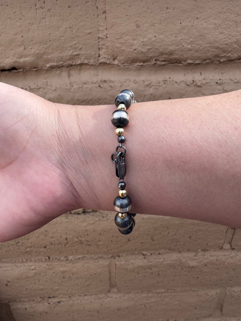 Handcrafted Patterned Gold Overlay & Sterling Silver Pearl 4 - 8mm Beaded Bracelet 7.5" - Che Cose Belle